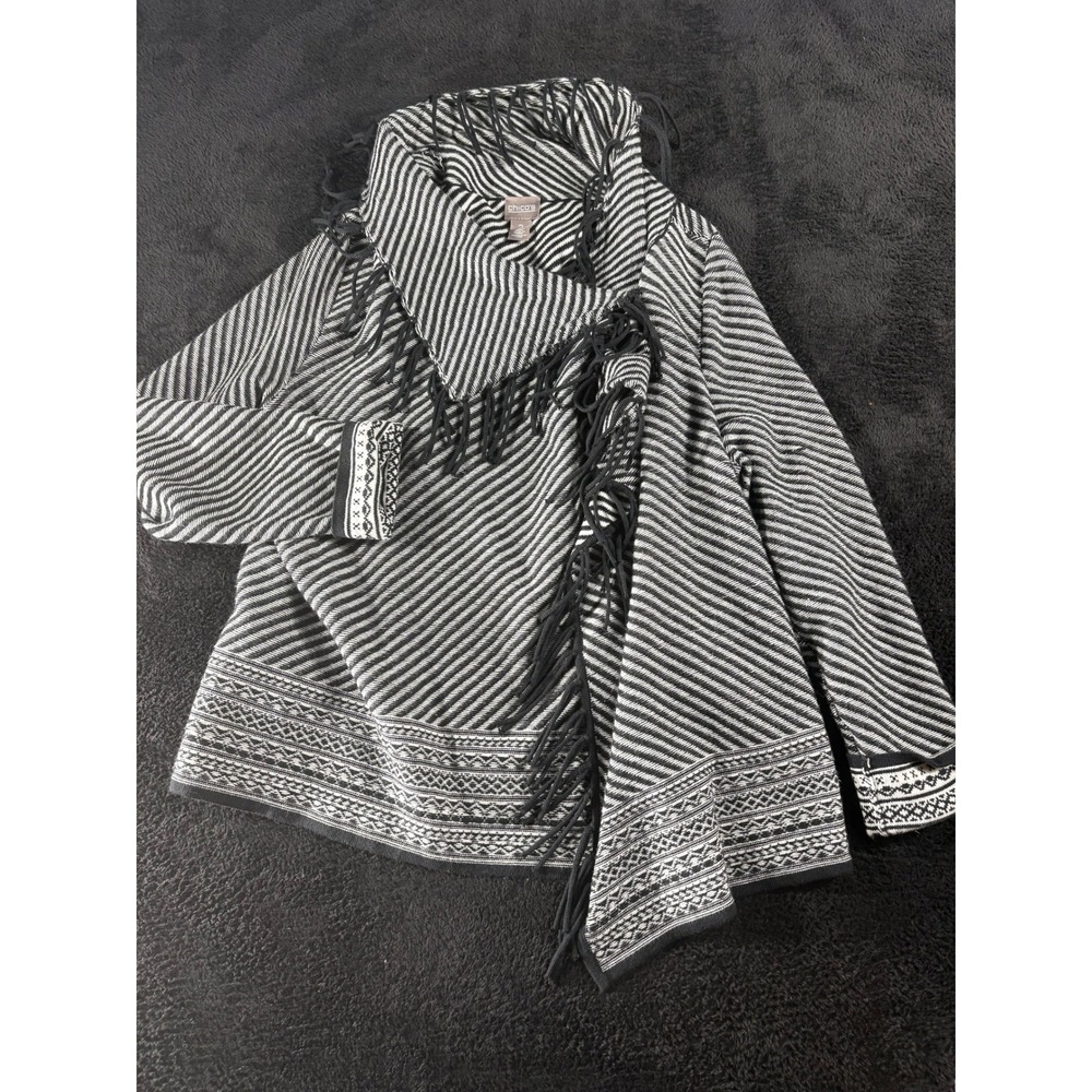 Chico's Women's Black &‎ White Striped Fringe Open Front Cardigan Size 2